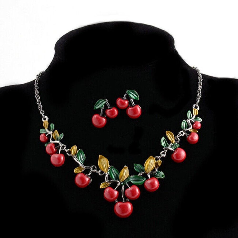 Betsey Johnson gunmetal cherries necklace earring set NEW